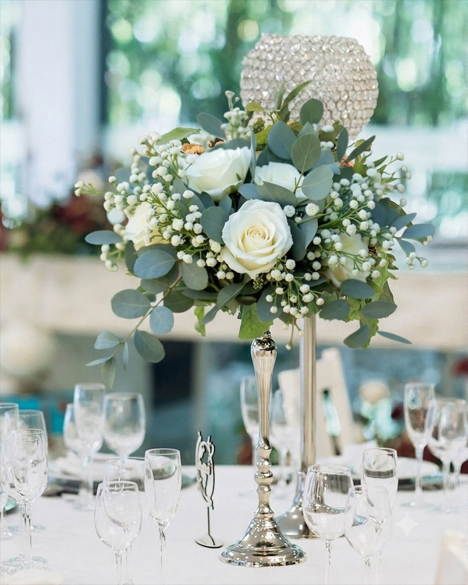Centro de mesa com rosas e folhagem